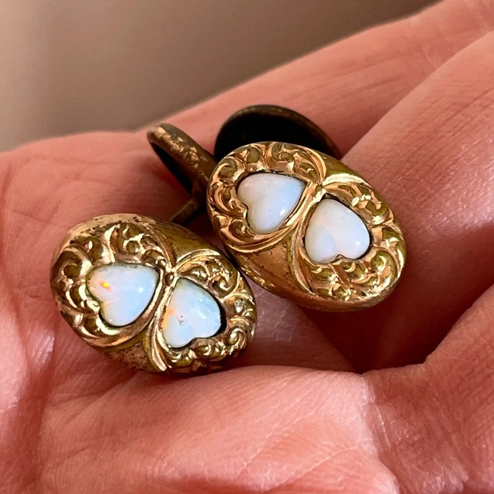 Antique Victorian Rolled Rose Gold Art deco double Opal Heart Cuff links